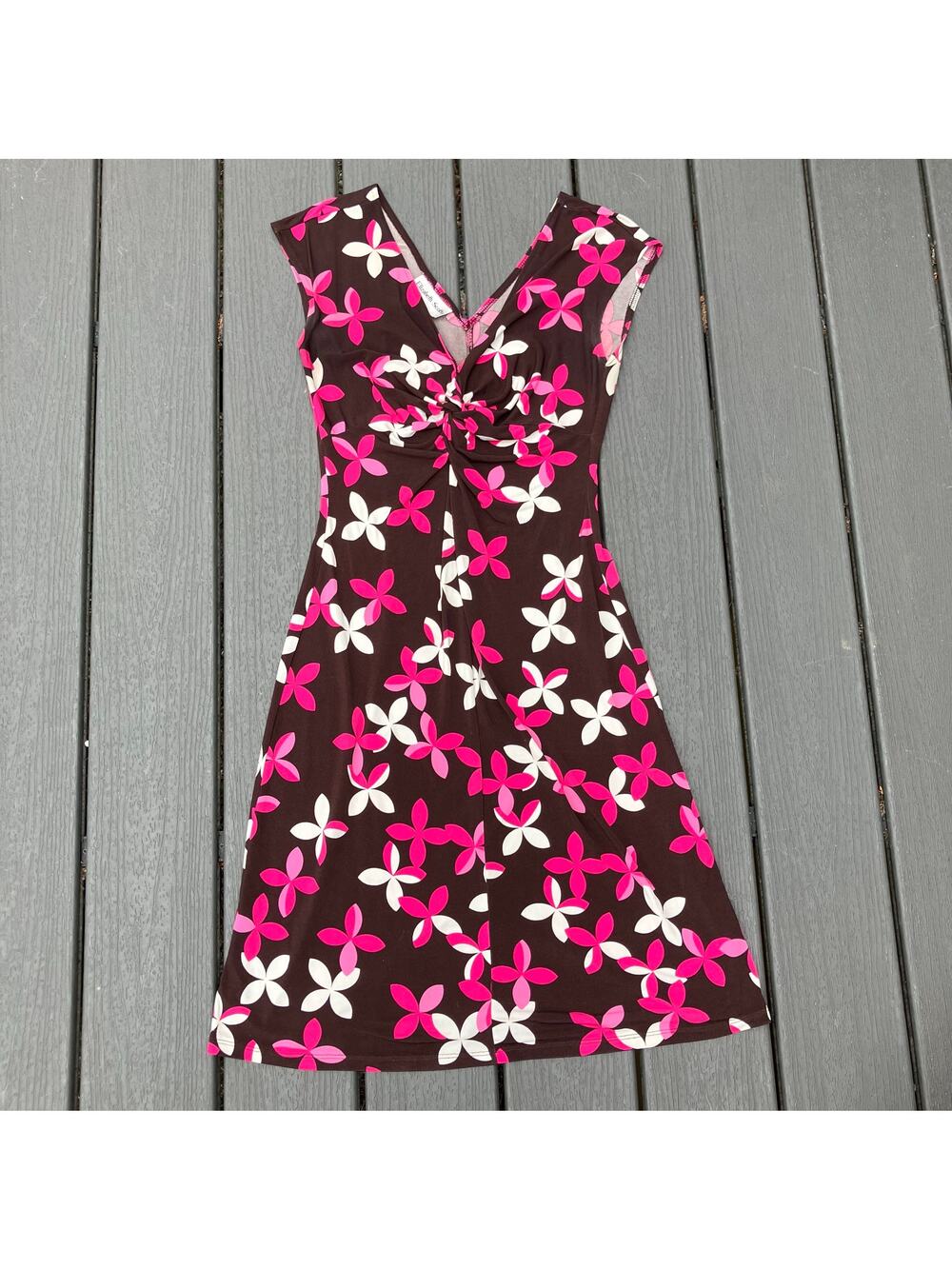 Brown and pink floral twisted bust knee length dress, 2000s Y2K bohemian fairy